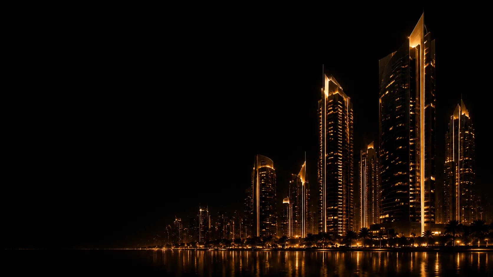 Skyline noturno de edifícios de alto padrão com luzes douradas, mercado imobiliário premium